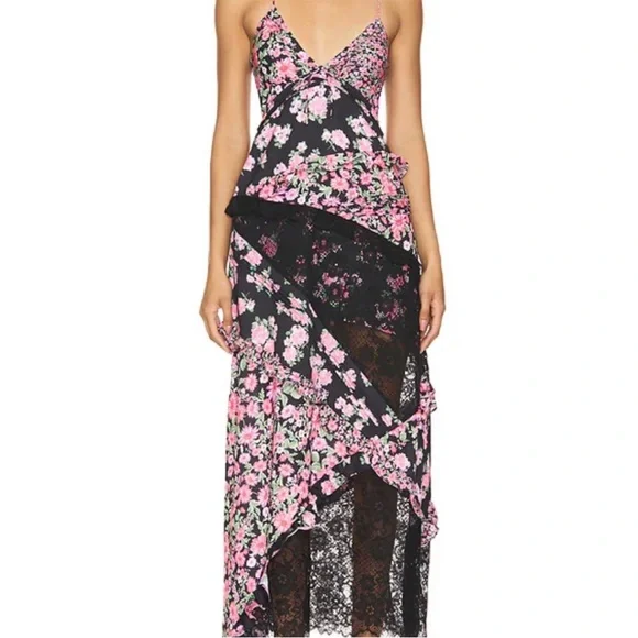 For Love & Lemons Rosalyn Maxi Dress Floral Lace Open Tie Back Black Pink Small - Picture 5 of 12